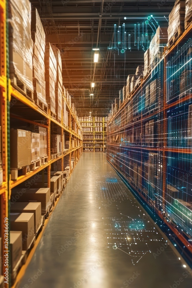 Fototapeta premium A modern warehouse filled with neatly stacked boxes, showcasing advanced technology and organization for efficient inventory management