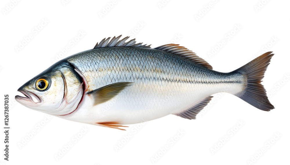 Striking isolated white perch portrait showcases intricate scaly patterns Striking isolated white perch portrait showcases intricate scaly patterns