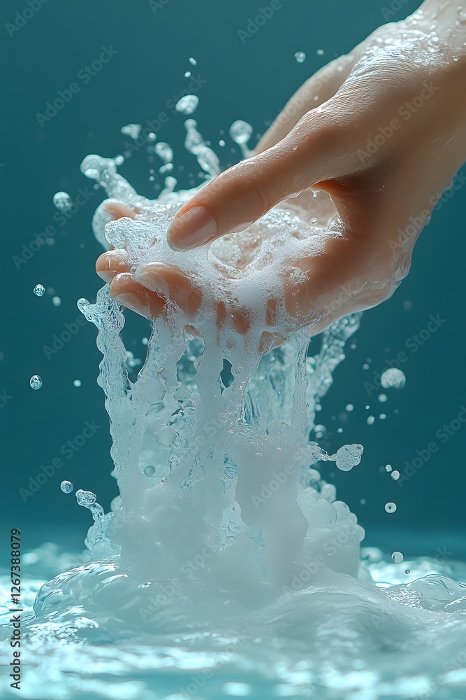 Fototapeta premium Papercut effect of a hand turning off a faucet, promoting water conservation with copy space