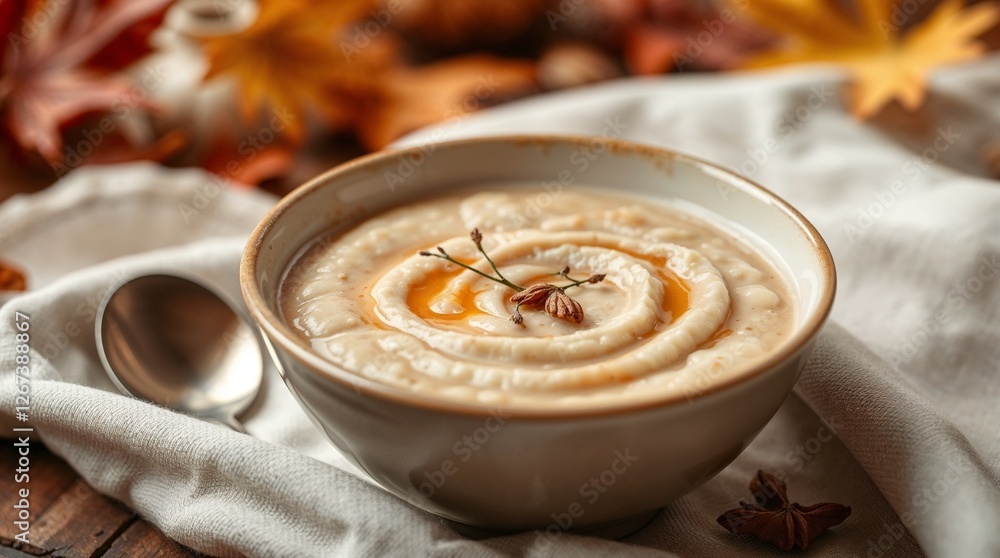 Creamy autumn soup with caramel drizzle and pecans. Healthy breakfast, hot porridge, hot breakfast, healthy eating, eco products, farming, Creamy autumn soup with caramel drizzle and pecans. Healthy breakfast, hot porridge, hot breakfast, healthy eating, eco products, farming,