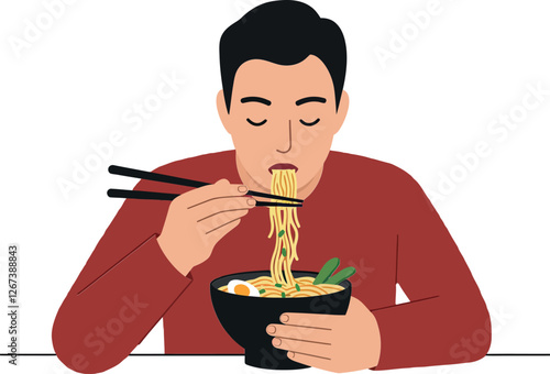 Man enjoying a bowl of noodles with chopsticks in a relaxed setting