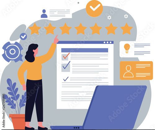 Woman pointing at five-star ratings on digital feedback form