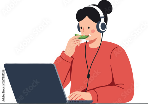 Young woman eating snack while working on laptop with headphones