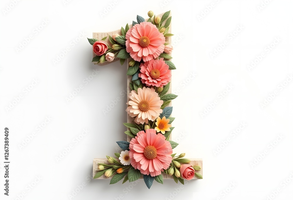 Obraz premium Number 1 made of real natural flowers and leaves. Flower font concept. Unique collection of letters and numbers. Spring, summer and valentines creative idea. 
