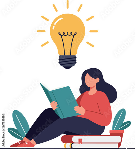 Woman reading a book with a light bulb shining above her head