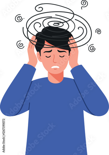 Young man holding his head, feeling dizzy and overwhelmed by confusion