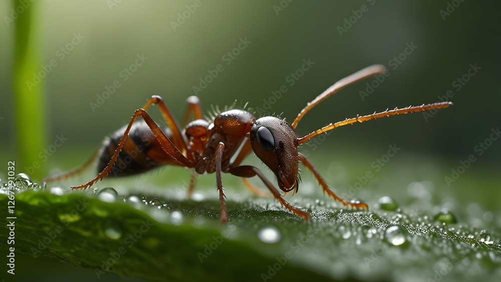 Macro Ant on Leaf with Water Drops Macro Ant on Leaf with Water Drops
