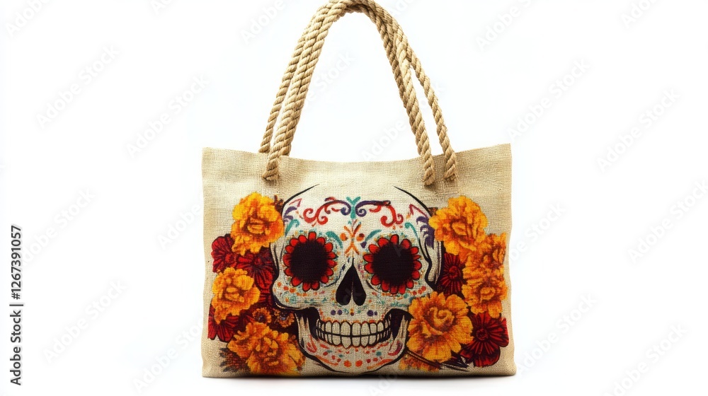 Beige Tote Bag with Sugar Skull and Yellow Floral Design Beige Tote Bag with Sugar Skull and Yellow Floral Design