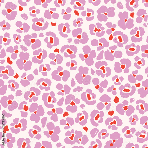 Bright pink colorful leopard fur seamless pattern. Wild exotic animal print design. Abstract simple flowers, flat design. Vector wallpaper.