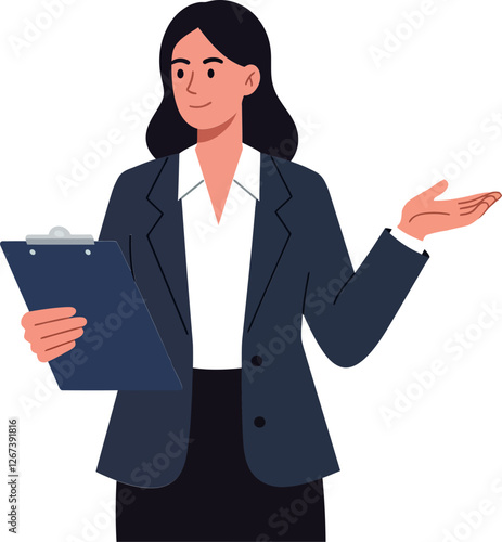 Professional woman presenting information with clipboard and friendly gesture