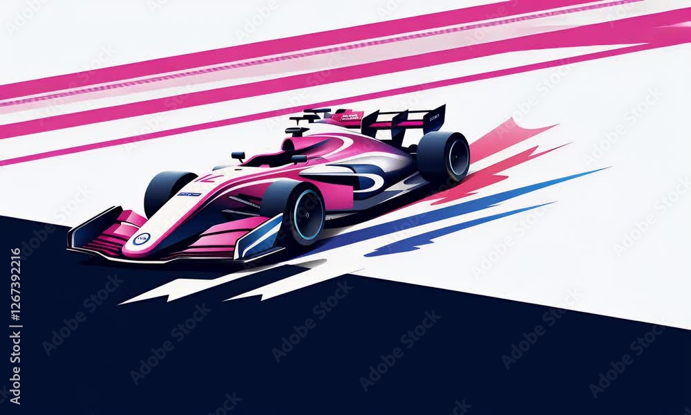 Pink racecar speeding, abstract track background, motorsport poster