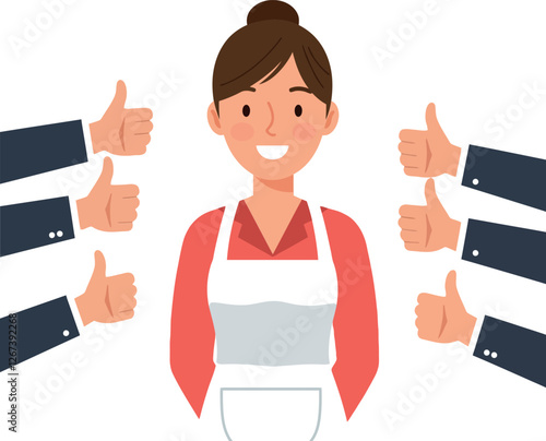 Happy woman receiving positive feedback from multiple thumbs up gestures