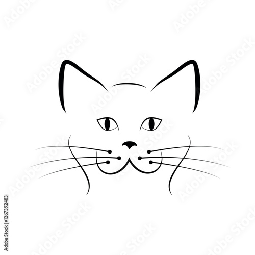 Laconic line illustration of a cat's face, minimalist style, black lines on a white background.