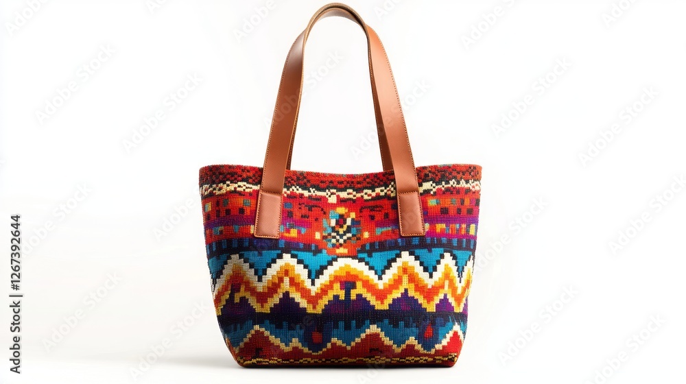 Vibrant Multicolored Tote Bag with Ethnic Pattern and Leather Handles Vibrant Multicolored Tote Bag with Ethnic Pattern and Leather Handles