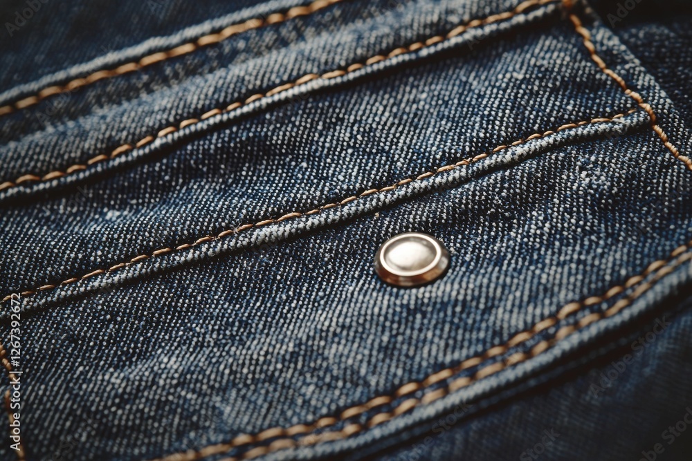 Detailed close-up of blue denim fabric with stitched pocket and silver metal button, showcasing texture and design with a vintage feel and classic fashion appeal. Detailed close-up of blue denim fabric with stitched pocket and silver metal button, showcasing texture and design with a vintage feel and classic fashion appeal.