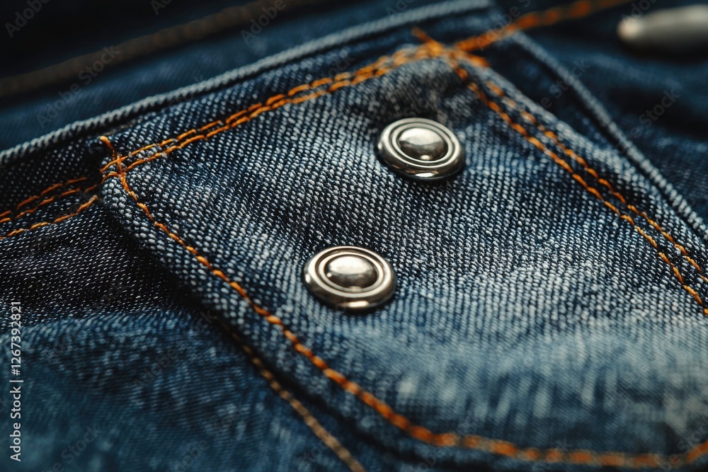 Extreme close-up of blue denim fabric featuring a pocket with silver button details and intricate orange stitching, highlighting the texture and classic apparel craftsmanship. Extreme close-up of blue denim fabric featuring a pocket with silver button details and intricate orange stitching, highlighting the texture and classic apparel craftsmanship.