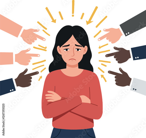 Woman feeling overwhelmed while being criticized by multiple pointing hands