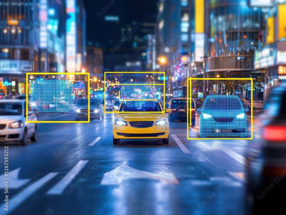 Fototapeta premium Nighttime city traffic with illuminated vehicles and buildings