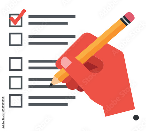 Hand holding pencil marking checklist with completed items on paper