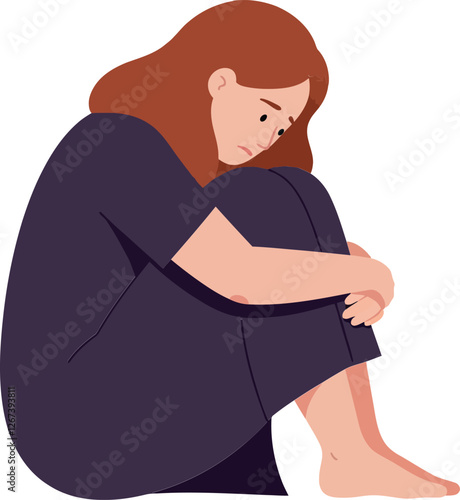 Woman sitting on the floor, hugging knees, expressing sadness and reflection