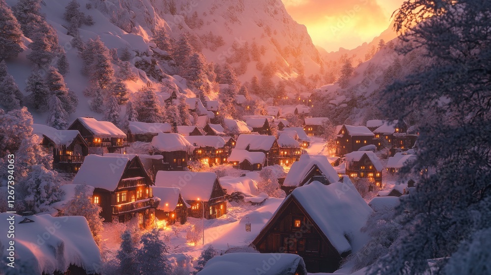 Enchanting winter village nestled amongst snow-covered mountains at sunset Enchanting winter village nestled amongst snow-covered mountains at sunset