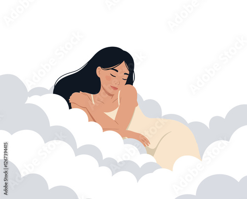 Woman peacefully resting among soft clouds in serene atmosphere