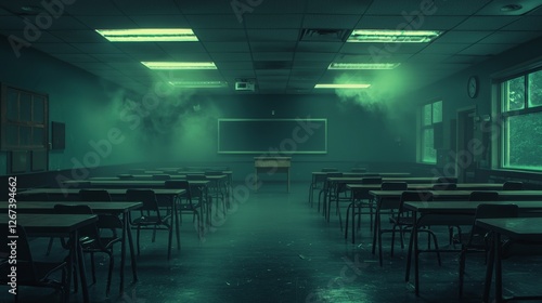 Eerie Empty Classroom Foggy Atmosphere Deserted School Dark Green Lighting Mysterious Schoolroom