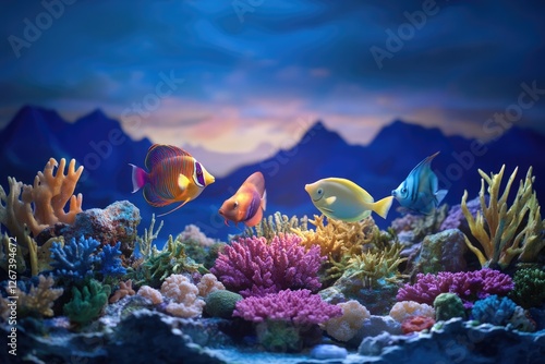 Vibrant reef scene at sunset with four colorful fish swimming amidst corals and rocks. photo