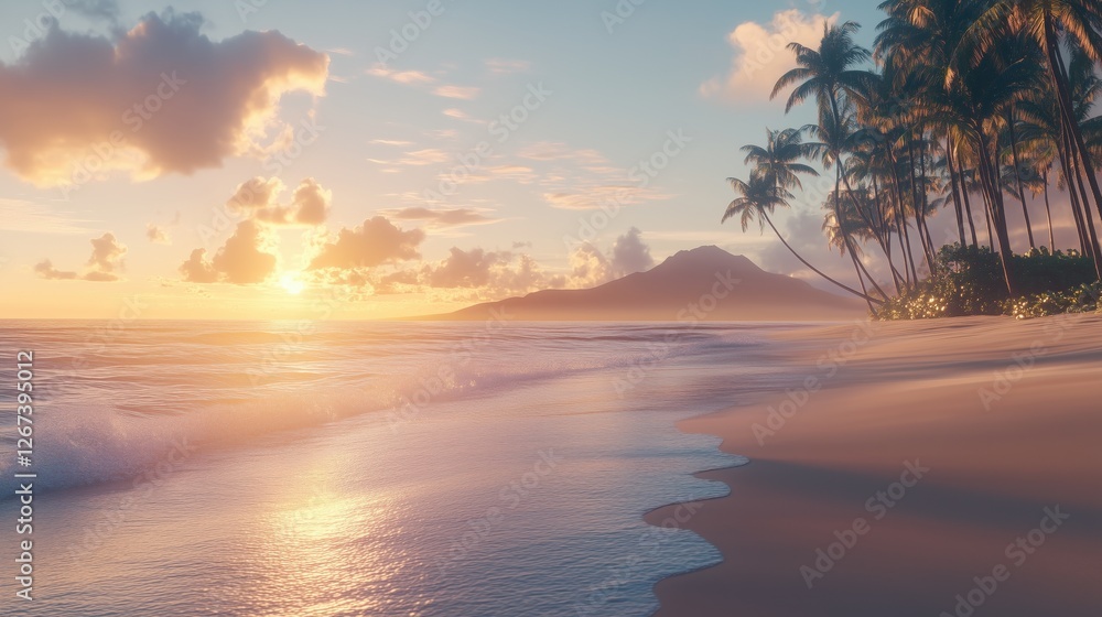 A tranquil beach at sunset, with gentle waves lapping against the shore and lush palm trees framing the scene, creating a serene tropical atmosphere. A tranquil beach at sunset, with gentle waves lapping against the shore and lush palm trees framing the scene, creating a serene tropical atmosphere.