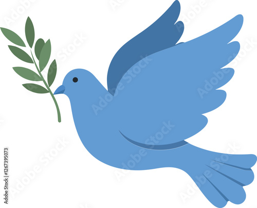 Blue bird flying with olive branch in its beak, symbolizing peace