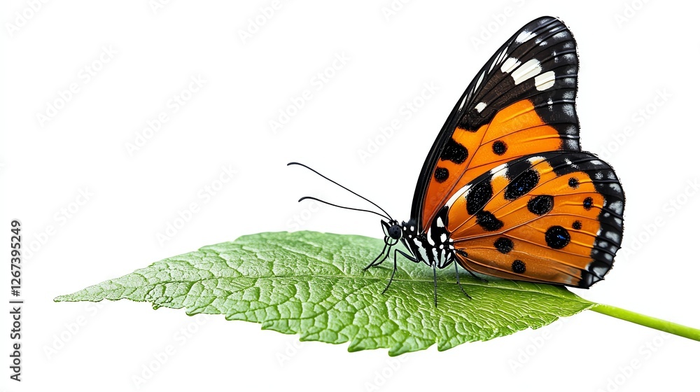 Obraz premium a butterfly resting on a green leaf, spring nature scene, photorealistic rendering, isolated on white background