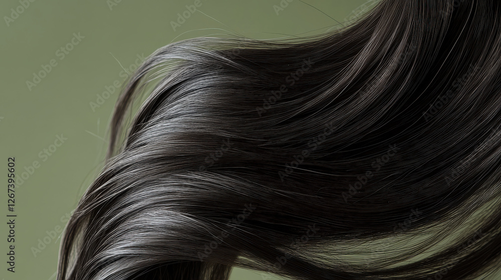 Naklejka premium A close-up shot of smooth, flowing dark brown hair strands, gracefully curved against a muted olive-green background