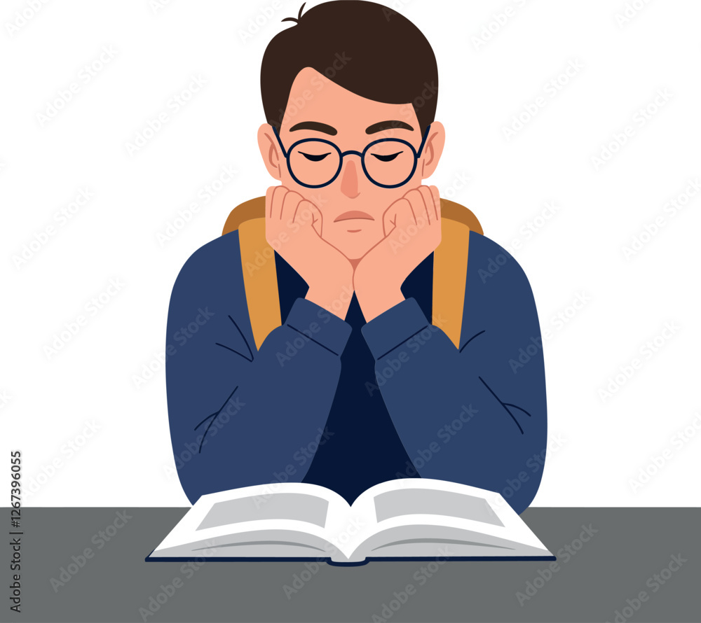 Student with glasses appears bored while reading a book at a desk Student with glasses appears bored while reading a book at a desk