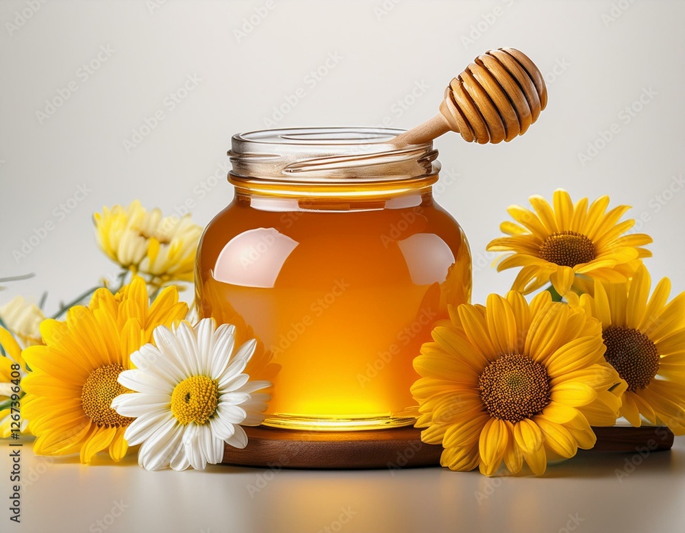 a jar of honey with a blank label is displayed with a honey dipper and vibrant yellow daisies on a neutral background a jar of honey with a blank label is displayed with a honey dipper and vibrant yellow daisies on a neutral background