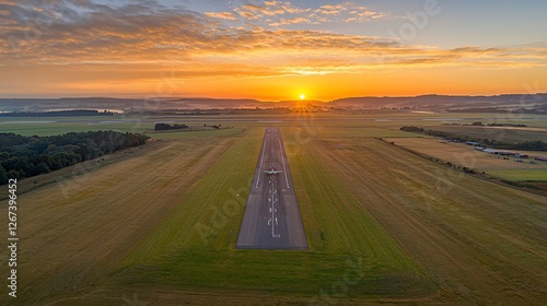 Sunrise over airfield runway with airplane.
