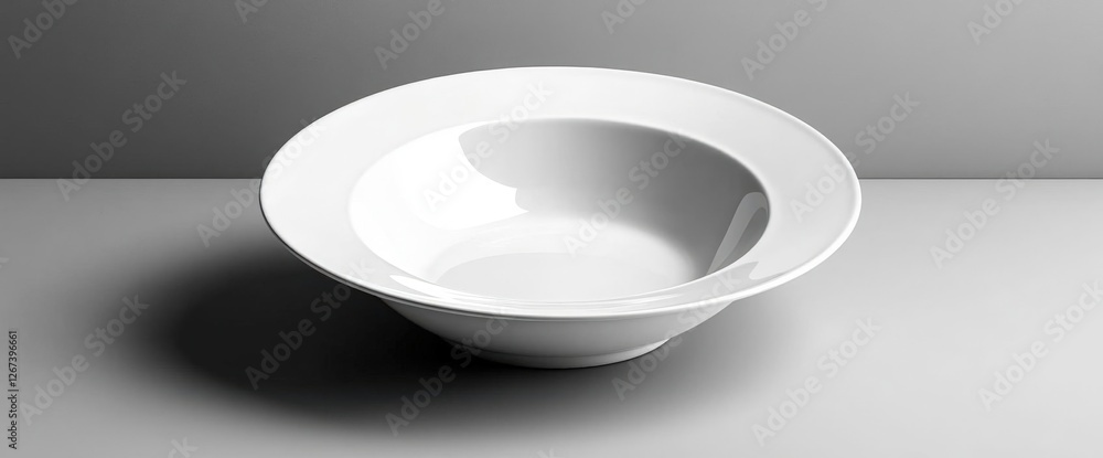 Elegant White Ceramic Bowl With Wide Rim on a Flat White Surface Under Studio Lighting Elegant White Ceramic Bowl With Wide Rim on a Flat White Surface Under Studio Lighting