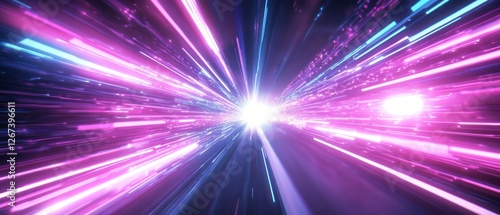 Abstract digital light burst effect with vibrant pink and blue streaks radiating from a central point, creating a sense of speed and motion