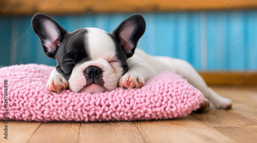 A puppy French Bulldog sleeping on its back, captured in high fidelity. A puppy French Bulldog sleeping on its back, captured in high fidelity.