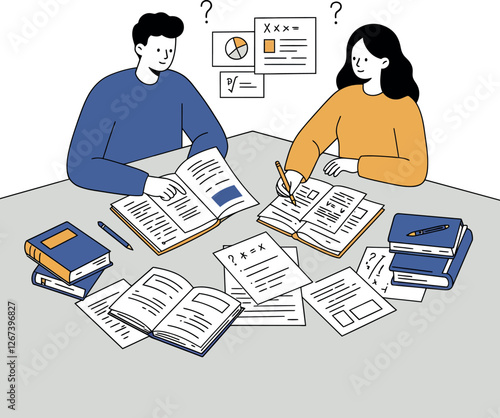 Two people studying together with books and notes spread out