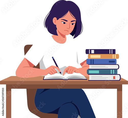 Young woman studying at a desk surrounded by stacks of books