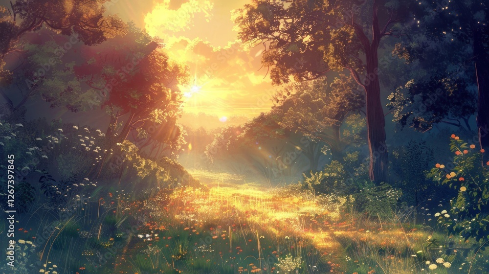 Fototapeta premium A calming sunlight on horizon, as the day transitions to twilight,