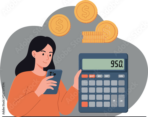 Woman using calculator and smartphone with coins in background