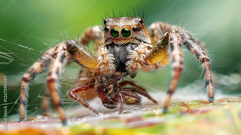 A captivating image of a spider web predator, with a spider poised to capture its prey, A captivating image of a spider web predator, with a spider poised to capture its prey,