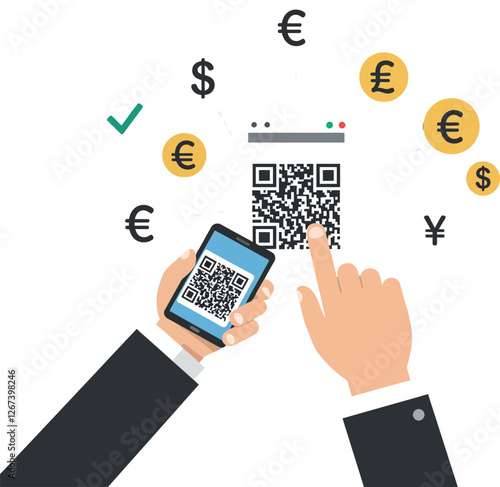 Hands holding smartphone and interacting with QR code for digital payments