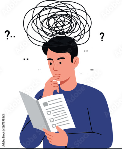 Man contemplating with confusion while reading a document, unsure of information
