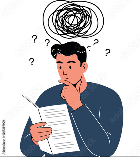 Man pondering over a document with confusion and uncertainty in his expression