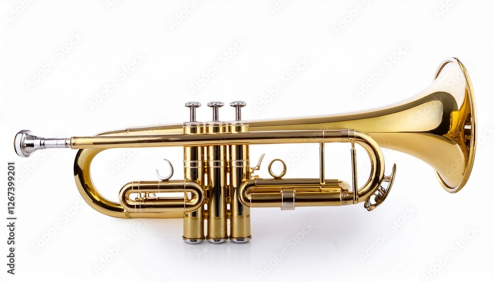 studio shot of a gleaming golden trumpet isolated on a white background perfect for musical themes advertising or design projects studio shot of a gleaming golden trumpet isolated on a white background perfect for musical themes advertising or design projects