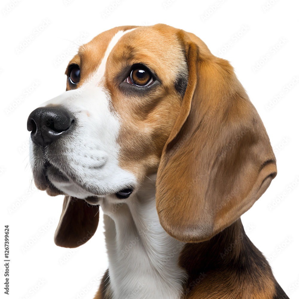 Portrait of a Beagle dog with large floppy ears, warm brown eyes, and a gentle expression showcasing tri-colored coat - angled head photoshoot Portrait of a Beagle dog with large floppy ears, warm brown eyes, and a gentle expression showcasing tri-colored coat - angled head photoshoot
