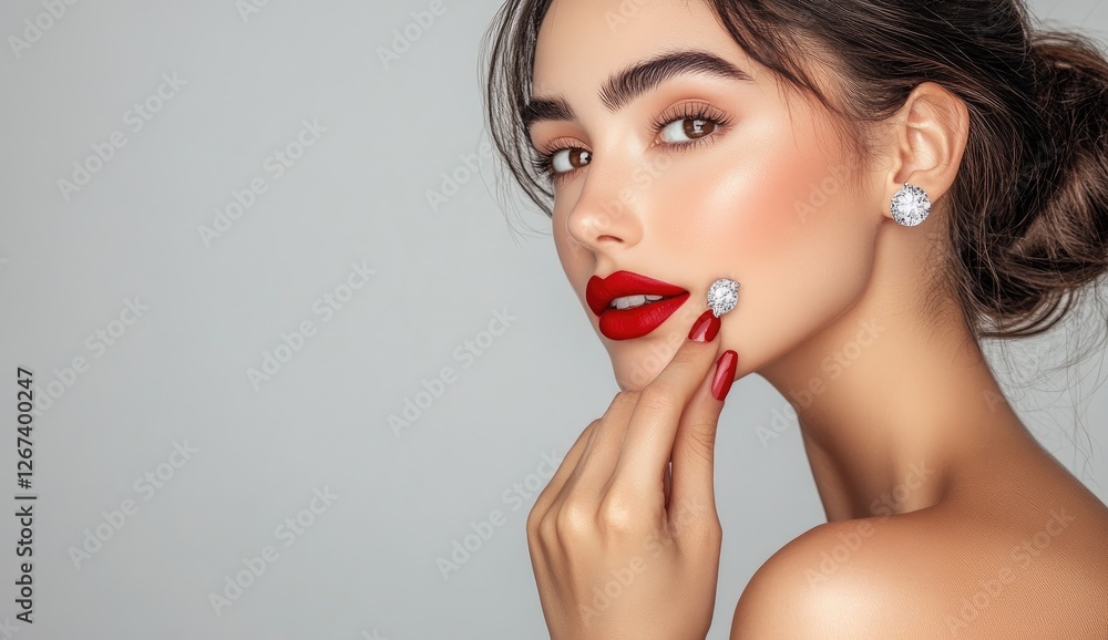 A beautiful woman with diamond rings on her fingers, wearing red lipstick and holding one hand to the side of her face, posing for the camera. A beautiful woman with diamond rings on her fingers, wearing red lipstick and holding one hand to the side of her face, posing for the camera.
