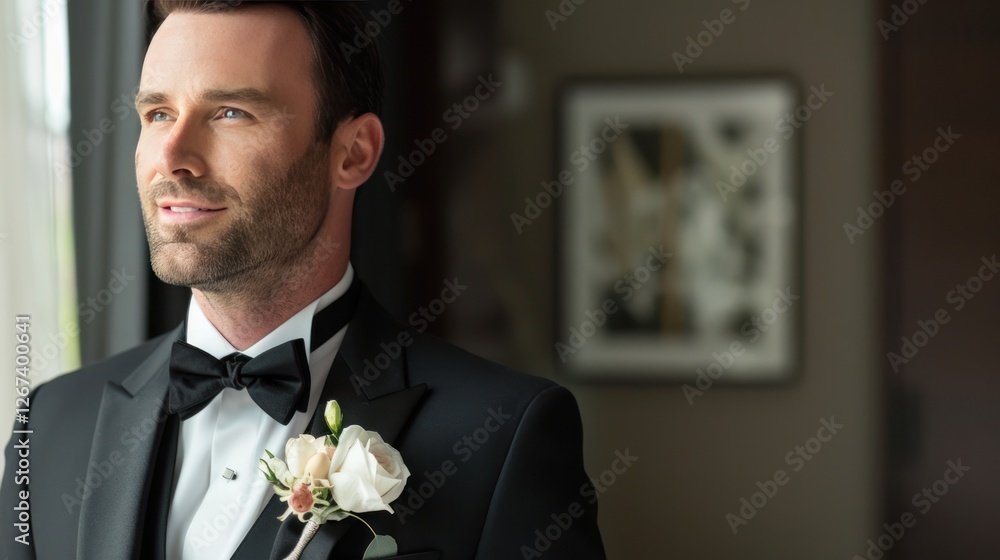 A charming groom in black suit, dressed for a perfect wedding day, A charming groom in black suit, dressed for a perfect wedding day,